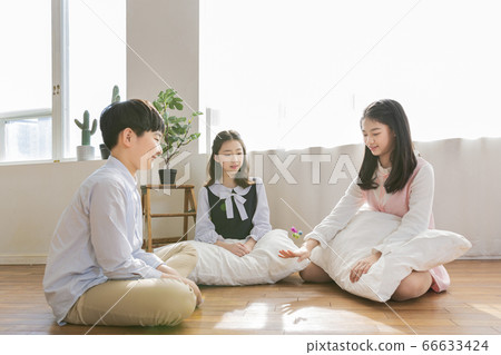 Group of school students portrait, happy smiling male and female students 128 66633424