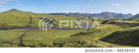 Panoramic landscape with blue river stream, green Panoramic landscape with blue river stream, green 66636435