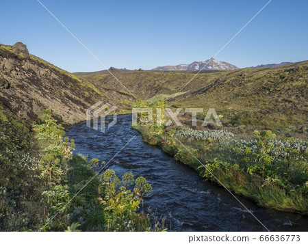 Icelandic landscape with blue river stream and Icelandic landscape with blue river stream and 66636773