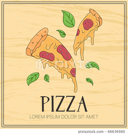 Pizza slice vector cartoon card template with hand Pizza slice vector cartoon card template with hand 66636980