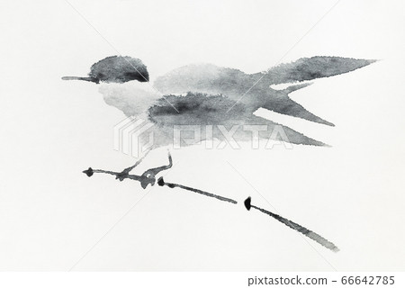 bird on twig of reed hand-drawn by gray ink bird on twig of reed hand-drawn by gray ink 66642785
