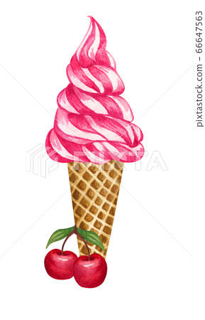Watercolor cherry ice cream cone isolated on white background. Hand drawn illustration fresh cheries and a red aice creams in a waffle cone. 66647563
