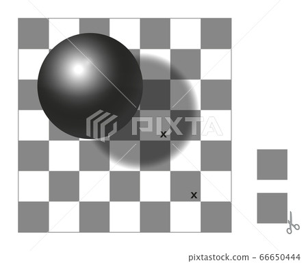 Optical illusion. Checker shadow illusion. The two squares with x mark are the same shade of gray. Cut out the two extra squares, compare, check and wonder.  66650444