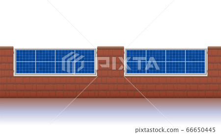 Photovoltaic fence. Solar panels for ecological electricity production. Brick wall with solar plates collector set. Isolated vector illustration on white background, seamless extendable. Photovoltaic fence. Solar panels for ecological electricity production. Brick wall with solar plates collector set. Isolated vector illustration on white background, seamless extendable. 66650445