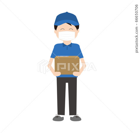 Full body of a male courier delivering a luggage with a smile (with mask) Full body of a male courier delivering a luggage with a smile (with mask) 66650706