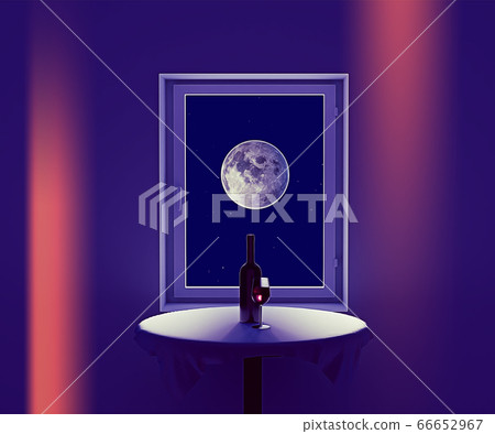 a bottle of wine and a glass of wine against the backdrop of a big moon, 3d render 66652967