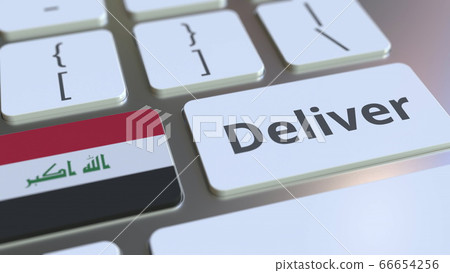Deliver text and flag of Iraq on the computer keyboard. Logistics related 3D rendering Deliver text and flag of Iraq on the computer keyboard. Logistics related 3D rendering 66654256