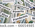 Coronavirus, COVID-19 headline clippings on 100 USD banknotes 66654985
