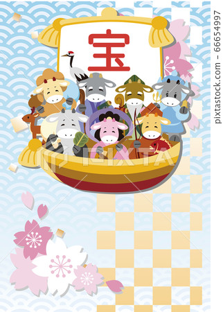 新年賀卡2021年牛寶船七福神牛誌圖垂直 66654997