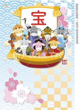 新年賀卡2021年牛寶船七福神牛誌圖垂直 66654998