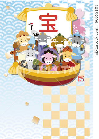 New Year's card 2021 oxen treasure ship Shichifukujin Ushi illustration vertical New Year's card 2021 oxen treasure ship Shichifukujin Ushi illustration vertical 66655109