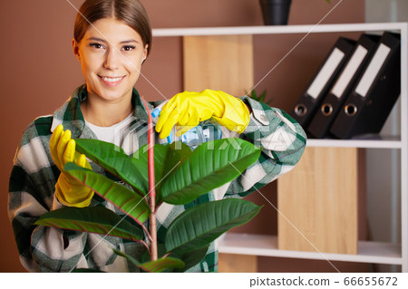 Employee of a cleaning company in overalls and yellow gloves cleans the office Employee of a cleaning company in overalls and yellow gloves cleans the office 66655672
