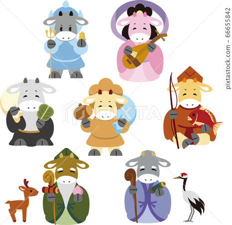 新年賀卡2021年牛年的七個幸運神插圖素材 新年賀卡2021年牛年的七個幸運神插圖素材 66655842