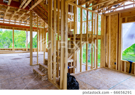 Wooden house construction home framing interior 66656291