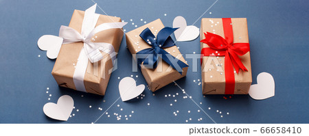 Red, blue and white gift boxes and white heart on Red, blue and white gift boxes and white heart on 66658410