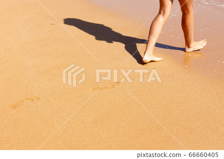 Feet barefoot girl near the water's edge by the sea 66660405