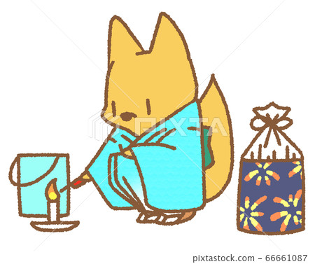 狐狸穿著浴衣 淺藍色 為煙花做準備 插圖素材 圖庫