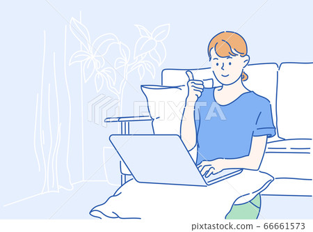 A teenage girl with a laptop and books is sitting on the floor near the sofa, she work from home because infection control coronavirus. Hand drawn thin line style, vector illustrations. 66661573