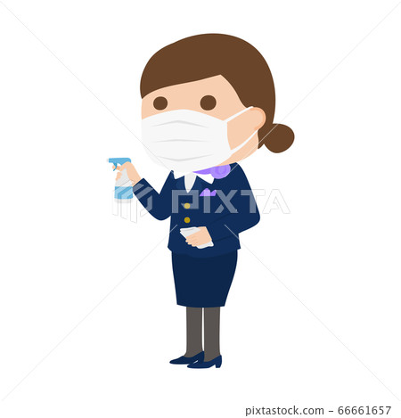 戴著口罩以防止感染的女性空姐。拿著消毒劑浪花和毛巾的婦女的例證。 66661657