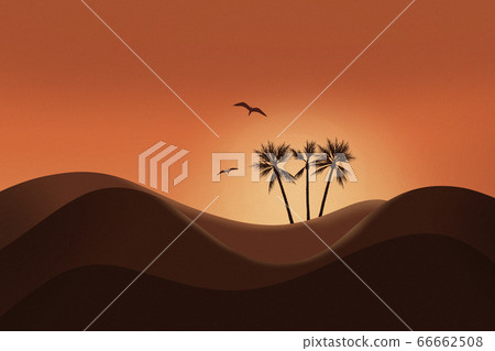 Beautiful sunset and silhouette of desert landscape with glowing sky and Palm tree Beautiful sunset and silhouette of desert landscape with glowing sky and Palm tree 66662508