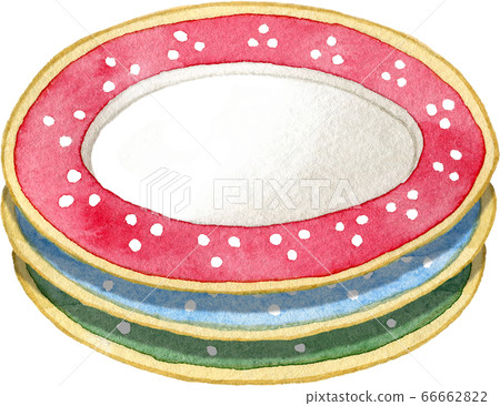 Watercolor illustration of stacked colorful plates 66662822