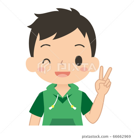 A boy doing a peace sign with a smile 66662969