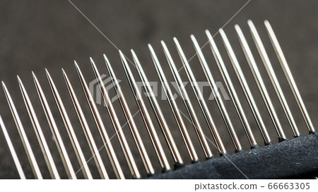 Gold sewing needles on a black background in a Gold sewing needles on a black background in a 66663305