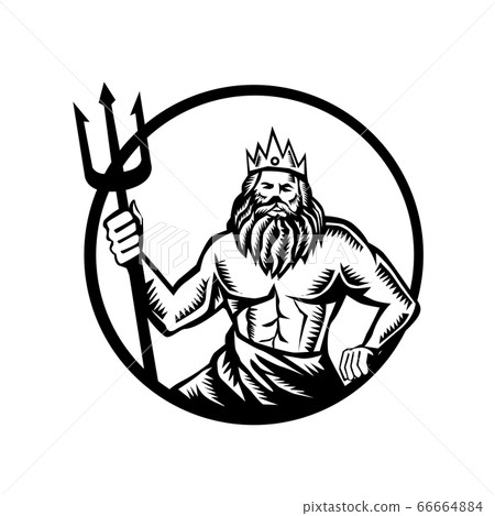Poseidon Holding Trident Circle Woodcut Black and 66664884
