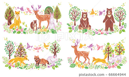 Illustration set of plants and animals such as trees, flowers, and grass 66664944