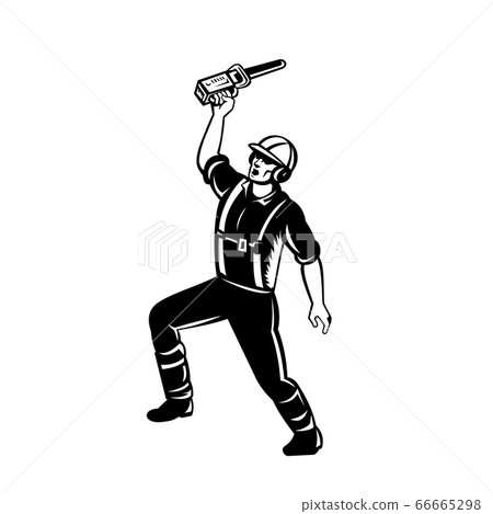 Arborist Raising Up Chainsaw and Shouting Retro Arborist Raising Up Chainsaw and Shouting Retro 66665298