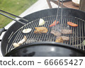 The gesture of grilling meat on a barbecue stove (without face) 66665427