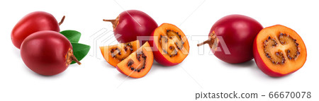 Fresh tamarillo fruit with leaves isolated on white background, Set or collection 66670078