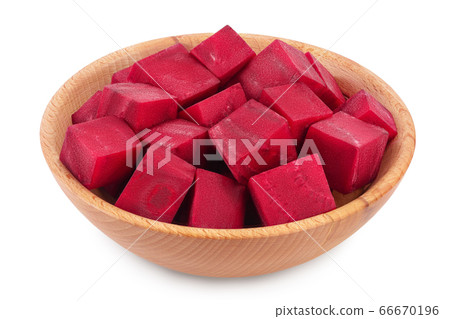 beetroot diced in wooden bowl isolated on white background with clipping path and full depth of field 66670196