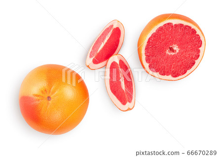 Grapefruit and slices isolated on white background. Top view. Flat lay. With clipping path and full depth of field Grapefruit and slices isolated on white background. Top view. Flat lay. With clipping path and full depth of field 66670289