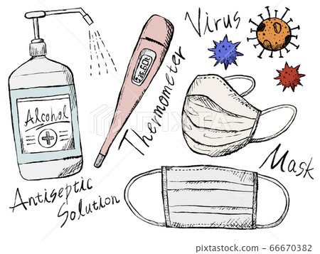 Handwritten illustration image of mask and disinfection Handwritten illustration image of mask and disinfection 66670382
