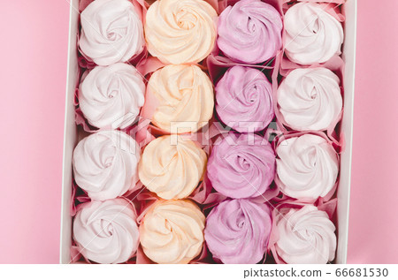 Color marshmallow in a gift box on pink Color marshmallow in a gift box on pink 66681530