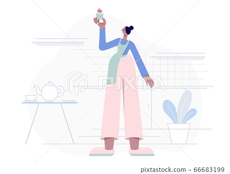 Woman in the apron stands in the kitchen and holds a muffin. Homemade cake. Flat geometric style vector illustration.  66683199