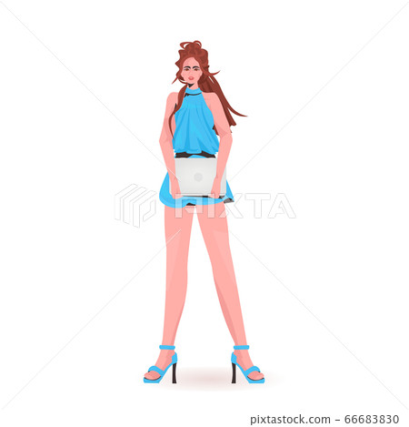 attractive woman holding laptop beautiful girl model in trendy clothes female cartoon character standing pose attractive woman holding laptop beautiful girl model in trendy clothes female cartoon character standing pose 66683830
