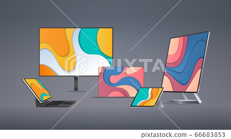 modern computer monitor tablet laptop with colored screens realistic mockup gadgets and devices concept 66683853