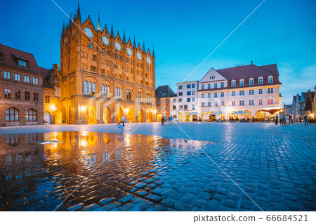 Historic town of Stralsund at twilight, Mecklenburg-Vorpommern, Germany 66684521
