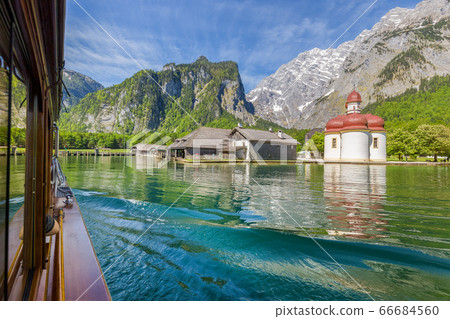 Traditional passenger boat on Konigssee lake in summer, Bavaria, Germany Traditional passenger boat on Konigssee lake in summer, Bavaria, Germany 66684560
