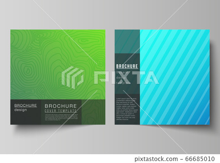 The minimal vector illustration of editable layout of two square format covers design templates for brochure, flyer, magazine. Abstract geometric pattern with colorful gradient business background. 66685010