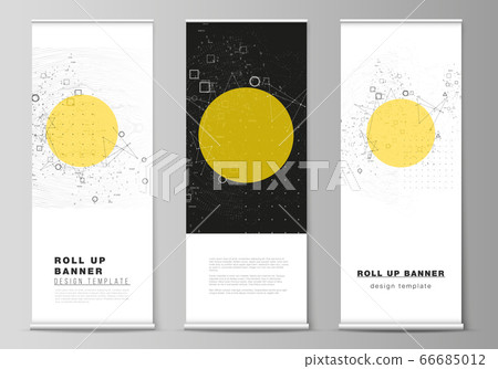 The vector illustration layout of roll up banner stands, vertical flyers, flags design business templates. Science or technology 3d background with dynamic particles. Chemistry and science concept. The vector illustration layout of roll up banner stands, vertical flyers, flags design business templates. Science or technology 3d background with dynamic particles. Chemistry and science concept. 66685012