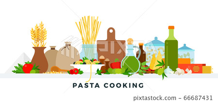 Pasta cooking. Vector flat illustrations. Products for cooking pasta. Italian cuisine concept. Pasta cooking. Vector flat illustrations. Products for cooking pasta. Italian cuisine concept. 66687431