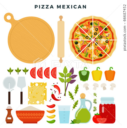 Pizza mexican and all ingredients for cooking it. Make your pizza. Set of products and tools for pizza making. Vector illustration. 66687452