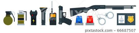 Set vector icons of police officer equipment in flat design. Police outfit, protection of citizens. 66687507