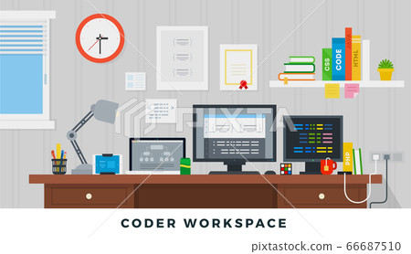 Illustration interior programmer workplace... - Stock Illustration ...