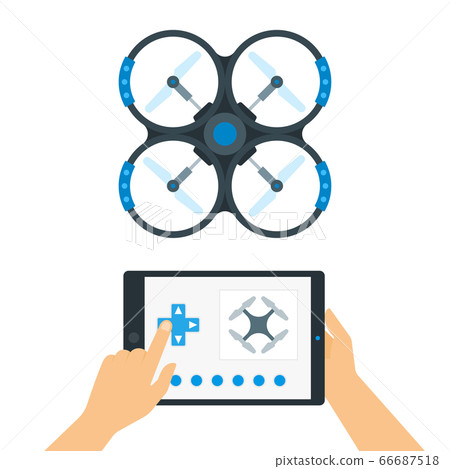 Man controls a drone using a mobile application on a gadget vector illustration in a flat design. Man controls a drone using a mobile application on a gadget vector illustration in a flat design. 66687518