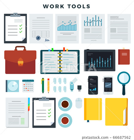 Office work tools. Paperwork and business work elements, set. Mobile devices and documents. Vector illustration. Office work tools. Paperwork and business work elements, set. Mobile devices and documents. Vector illustration. 66687562
