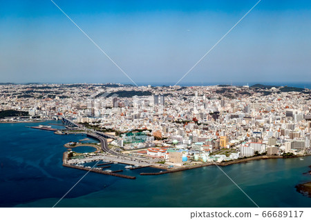 Aerial view Naha city Miejo Port Umisora Tunnel Tomari Ohashi Naha center-Naha Shintoshin-Shuri Sunny Daytime Horizontal position 66689117
